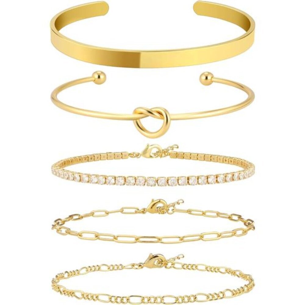 14K Real Gold Plated Bangle Cuff Bracelet Set Gold Beaded Tennis Paperclip
